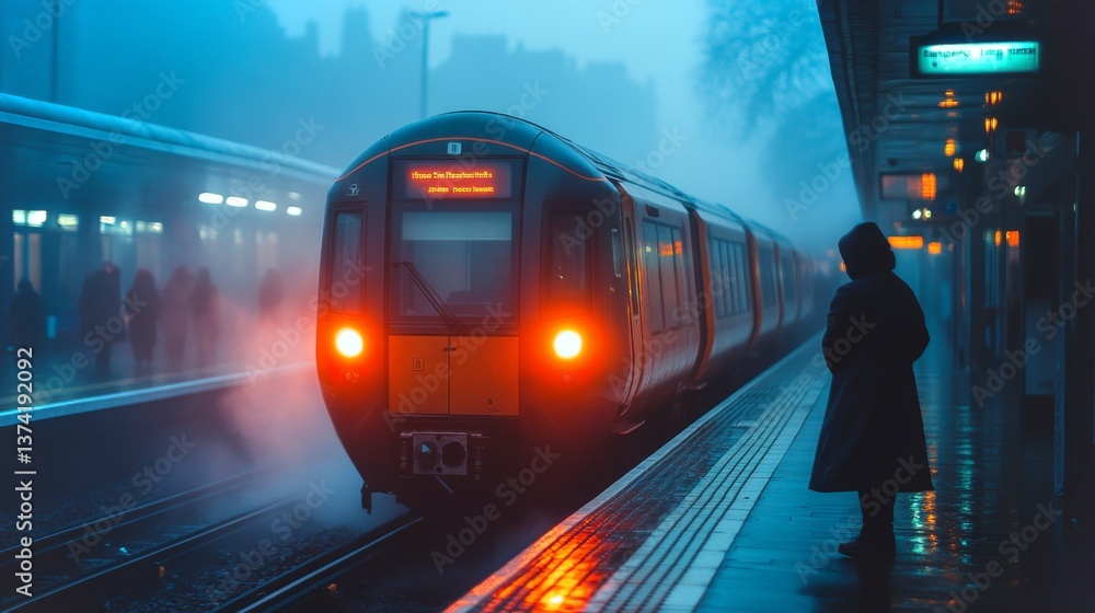 Aufkleber a highspeed railway train pulls into a misty urban station as a lone waiting passenger stands on the