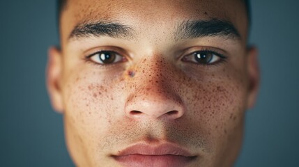 Obraz premium Front-facing man with hyperrealistic, perfectly blended facial features from different people, captured in 8K with soft professional lighting