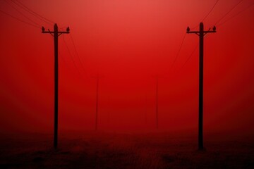 Obraz premium A haunting landscape with silhouetted power poles engulfed in a thick, red fog, creating an eerie and surreal atmosphere.