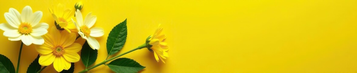 Obraz premium Vibrant display of yellow and white flowers and green leaves on bright yellow background, cheerful, arrangement