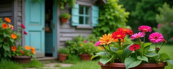Naklejka premium Vibrant summer potted flowers in bloom next to rustic garden shed, nature, floral