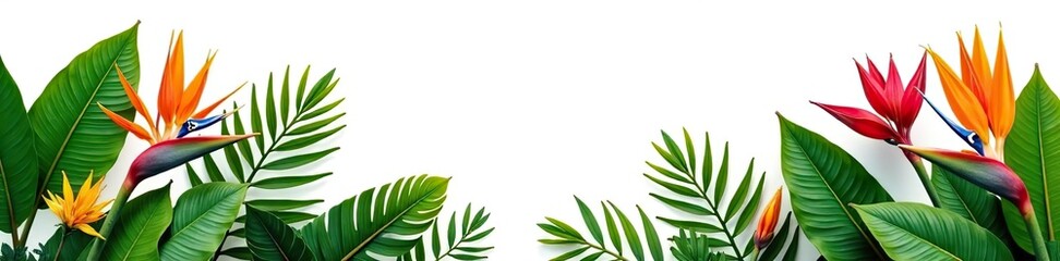Vibrant exotic tropical flowers and lush green plants against a clean white background,  vibrant,  white background
