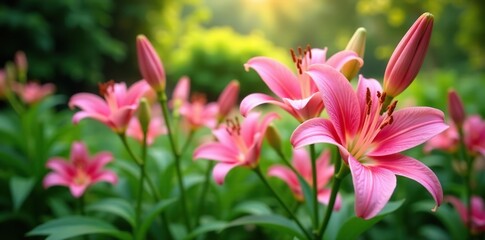 Fototapeta premium Vibrant pink lily flowers blooming in a lush garden setting, vibrant, lily flowers