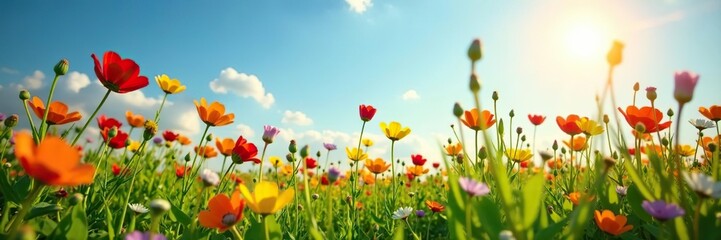 Vibrant summer wildflowers blooming in a meadow under bright sun,  flora, summer