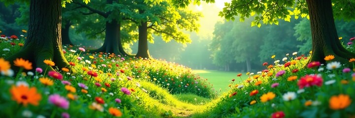 Fototapeta premium Vibrant summer woodland scene with lush greenery, colorful wildflowers, and dappled sunlight filtering through the tree canopy, greenery, summer