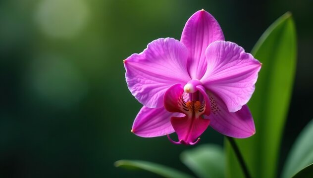 Vibrant pink Lycaste macrophylla orchid in full bloom with delicate petals and leaves,  plant,  nature