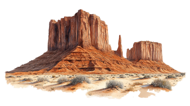 Wild West desert landscape, featuring majestic rocky plateaus rising from the arid terrainisolated on white background. Suitable for marketing or business purposes. PNG file