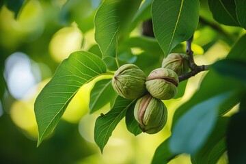 Obraz premium Green walnuts growing on a branch surrounded by lush leaves 