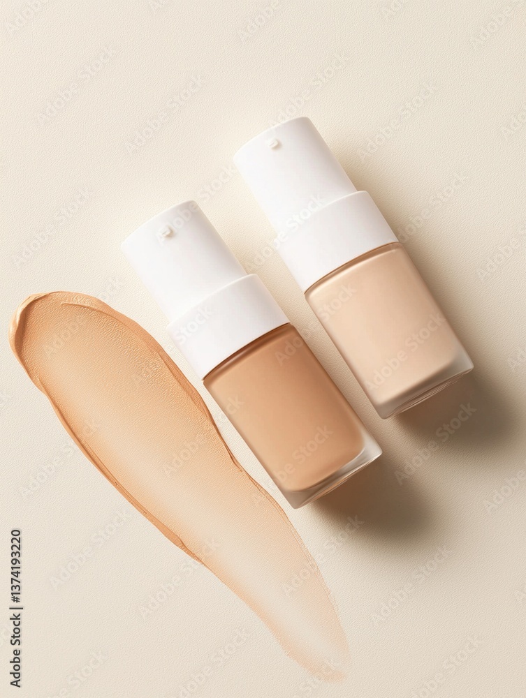 Poster two bottles of foundation or concealer on a beige background. the bottles are cylindrical in shape w