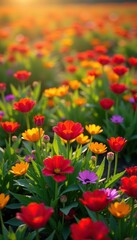 Fototapeta premium Vibrant field of colorful flowers in red, yellow, and purple hues scattered throughout the image, purple, meadow