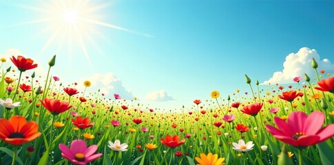 Fototapeta premium Vibrant sunlit meadow filled with colorful wildflowers under a clear blue sky, colorful, sunny