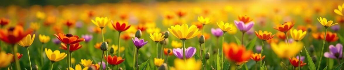 Vibrant field of colorful flowers in yellow, red, and purple hues scattered throughout,  colorful,  purple