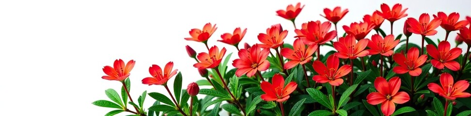 Fototapeta premium Vibrant red flower shrubbery with green leaves isolated on white background, beautiful, plant