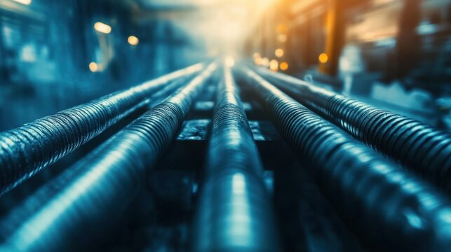 Cooling steel rods lined up in parallel as steam rises from the manufacturing process, creating a dramatic industrial effect