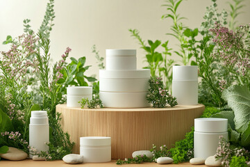 product photography mockups of various skincare essences white shampoo, cream, serum, oil,  containers set on a wooden podium in the gradient herbal background. mockup 