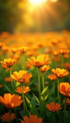 Vibrant field of orange flowers bathed in sunlight,  environment,  orange flowers