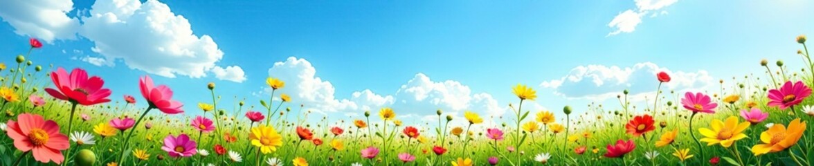 Vibrant field of wildflowers beneath clear blue sky,  sunny,  natural beauty