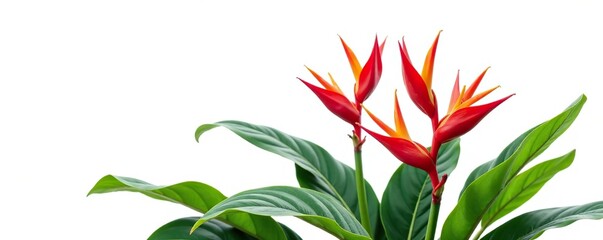 Vibrant red Heliconia bihai plant with lush leaves and tropical flowers isolated on white background, Heliconia bihai,  red palulu