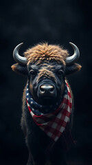 Naklejka premium Bison wearing America on black background, 4th of July, America Independence Day, created by generative ai