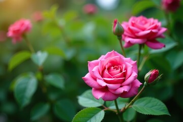 Vibrant pink roses blooming on a vine with fresh green leaves,  plant,  garden