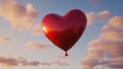 Fototapeta premium Floating heart-shaped balloon in vibrant red against a soft cloudy sky background