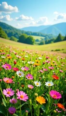 Obraz premium Vibrant fields of wildflowers in a meadow with a backdrop of rolling hills and a clear blue sky, serenity, sunlight