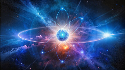 Obraz premium Glowing atom in futuristic space background