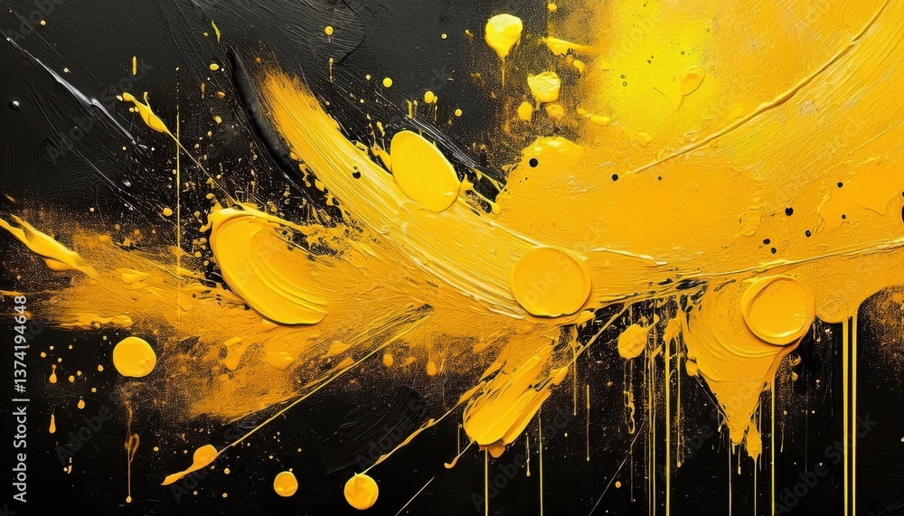 Poster vivid yellow and black abstract expressionism with dynamic paint splashes, fluid drips, and textured