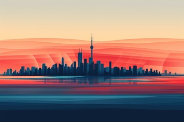 Obraz premium City skyline at sunset reflected in calm water, stylized graphic illustration.