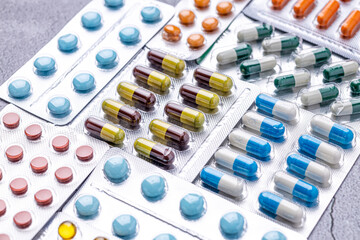 Variety of medicines and drugs.Medicine and healthcare concept.Variety of medicines and...