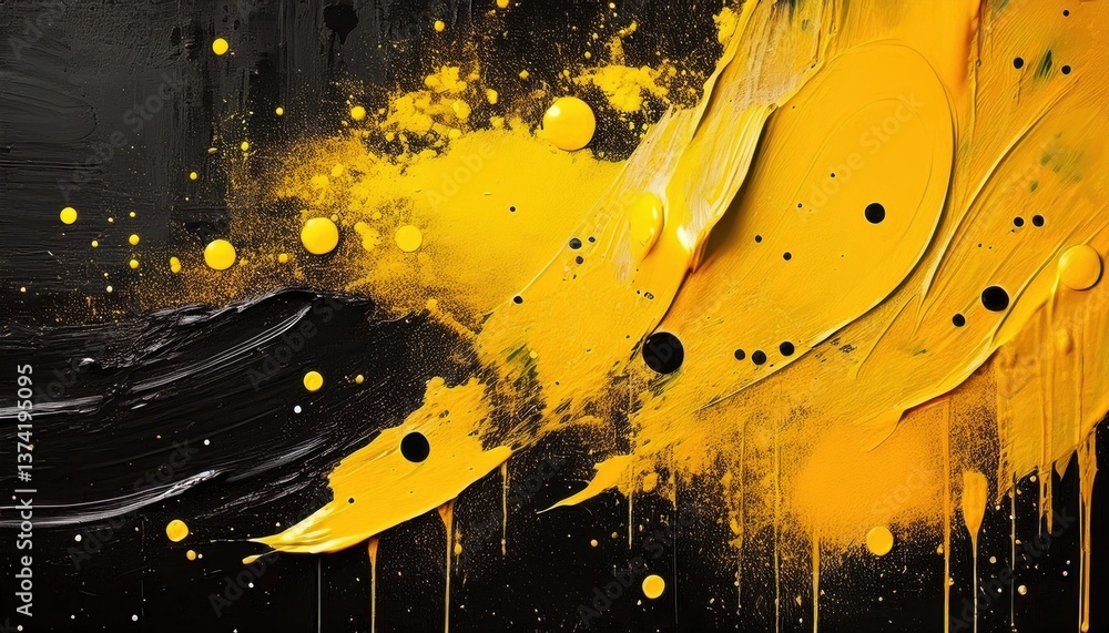 Poster vivid yellow and black abstract expressionism with dynamic paint splashes, fluid drips, and textured
