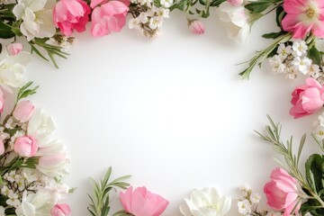 Fototapeta premium Spring floral frame border flowers background blossoms.