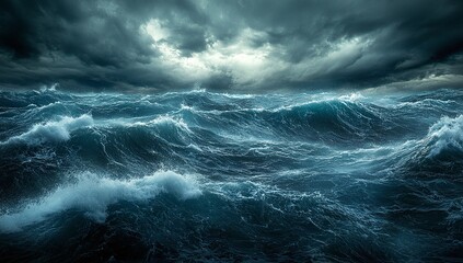 Dramatic dark clouds over a turbulent ocean. Powerful waves crash under a stormy sky.