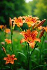 Obraz premium Vibrant orange daylily flowers blooming in a lush summer garden, outdoor, blossoms