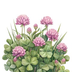 Obraz premium Delicate Pink Clover Flowers and Lush Green Foliage Botanical Illustration