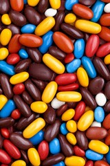 Random mix of red yellow blue capsules and pills spread across neutral background representing pharmaceutical dosage diversity and modern medication distribution visual