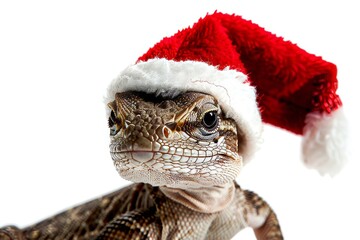 Lizard Wearing a Santa Hat on a White Background