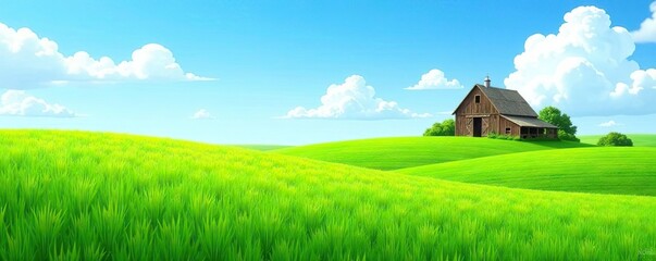 Obraz premium Vibrant green fields under a clear blue sky with a rustic barn in the distance, peaceful, serene