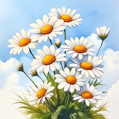 Vibrant White Daisies Bouquet Against a Sunny Blue Sky A cheerful summer floral illustration
