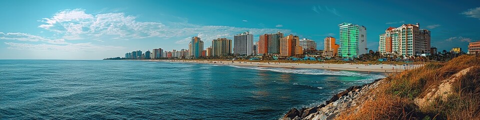 Coastal cityscape panorama depicting buildings along a sandy shoreline ocean