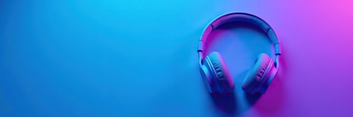 Violet headphones on vibrant blue background,  sleek, violet