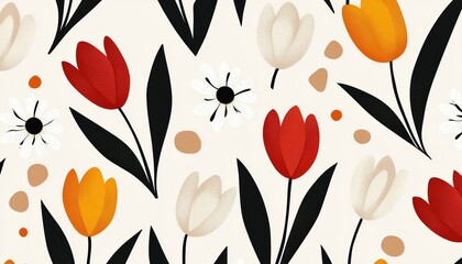 Mid-century modern floral print, simple tulips, daisy shapes, and geometric botanical elements in retro 70s colors, clean vector art.