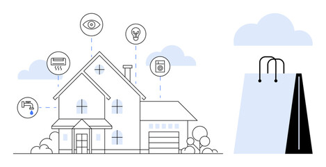 Modern house with connected household devices including lighting, surveillance, HVAC, and water control alongside a shopping bag. Ideal for technology, smart living, eco-efficiency, home automation
