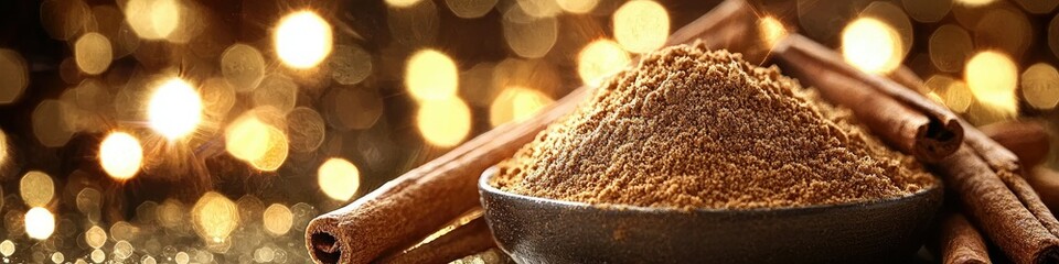 A bowl of ground spice and cinnamon sticks with warm lights