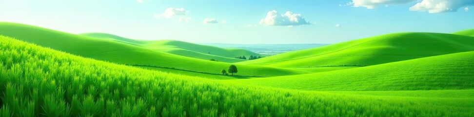 Obraz premium Vibrant green landscape with verdant fields and rolling hills, perfect for nature-themed projects, outdoor scenes, refreshing