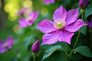 Vibrant purple Clematis flowers blooming in a garden,  close-up,  beautiful