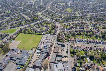 Aerial view of the Woodley downtown center. Small town in Wokingham, Reading, Berkshire