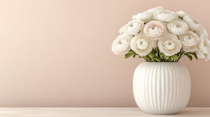 Modern interior vibe with white ranunculus in a matte ceramic vase, with a warm beige background