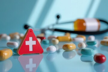 Medical Symbol with Colorful Pills and Stethoscope on Blue Surface