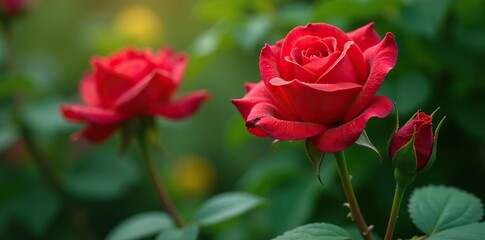Fototapeta premium Vibrant red rose blooming in a lush green garden with dew drops on petals, red, rose